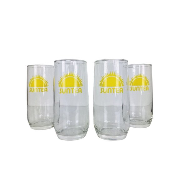 Vintage 70's Retro SUN TEA Yellow Sun Heavy Bottom Tumbler Drinking Glasses